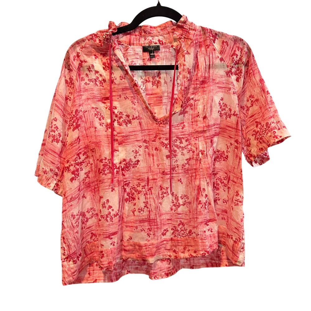 Talbots Floral Print Blouse‎ Ruffle Neck Short Sleeve Top Pink Size S